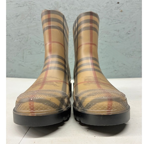 Burberry Women's IT 38 Rain Boots Nova Check Ankle Beige Black Red Rubber - Picture 5 of 15